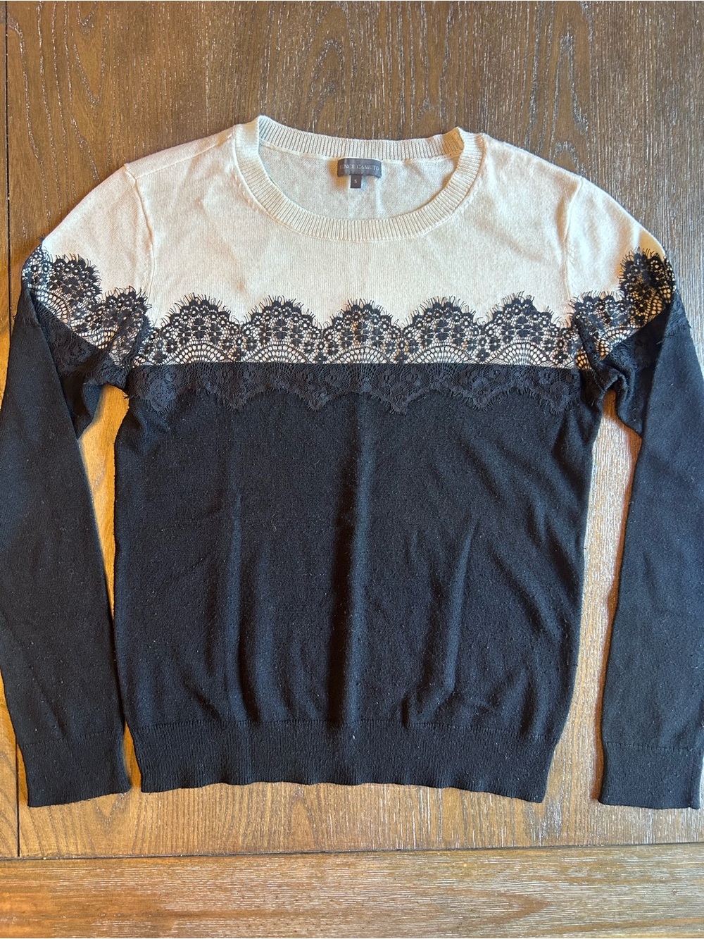 Vince Camuto Black and Cream Lace-Trim Crewneck Sweater